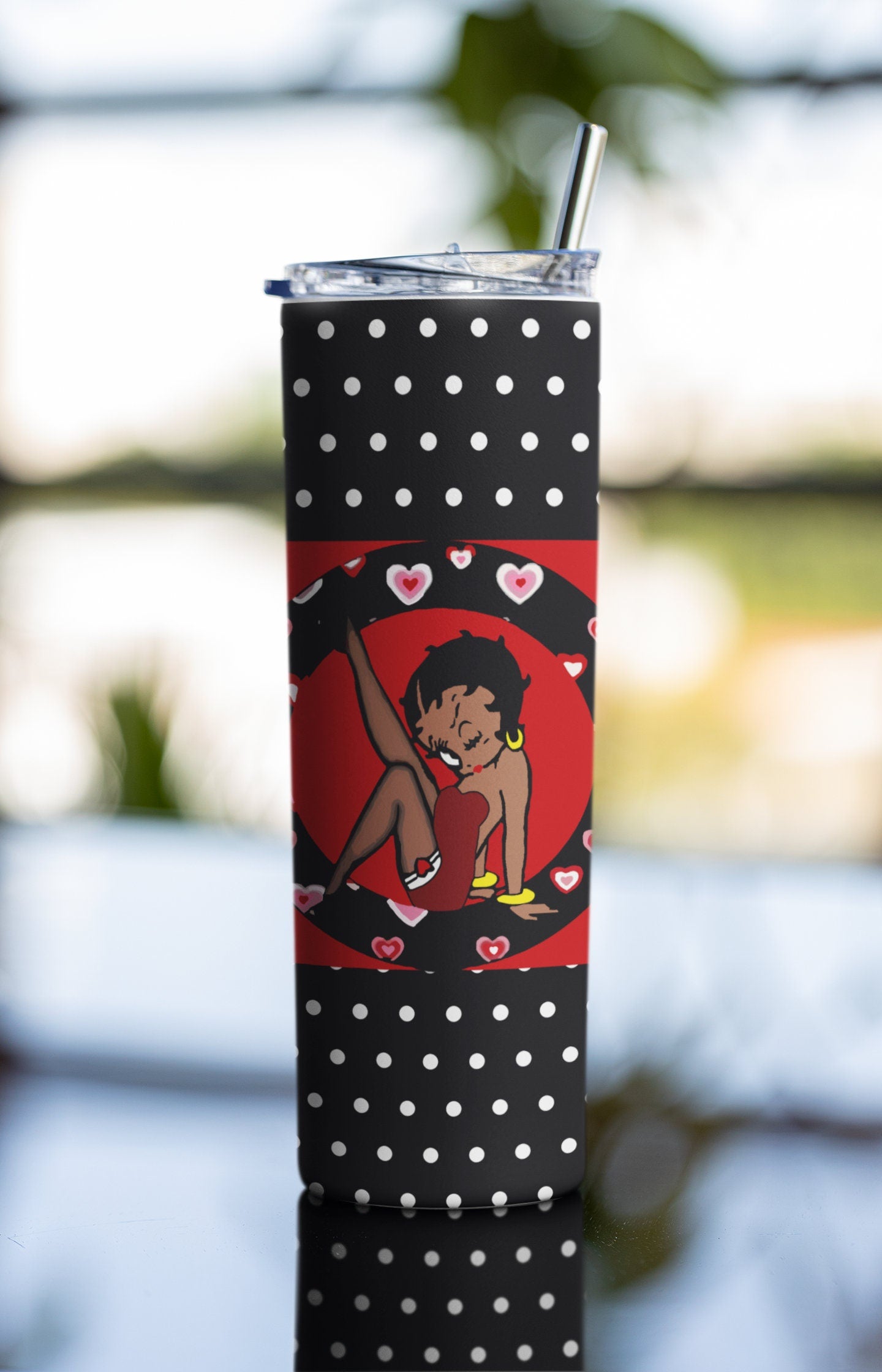 Black And White Betty Boop SublimationTumbler Wrap. Posing Like Marilyn In Red Dress With Dog. White And Black Polka Dots. Seamless Design