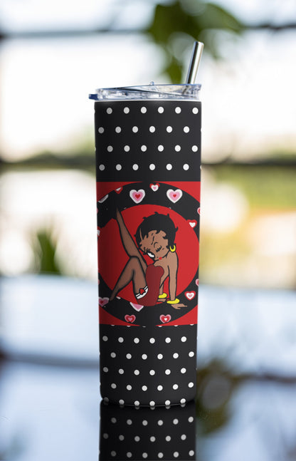 Black And White Betty Boop SublimationTumbler Wrap. Posing Like Marilyn In Red Dress With Dog. White And Black Polka Dots. Seamless Design