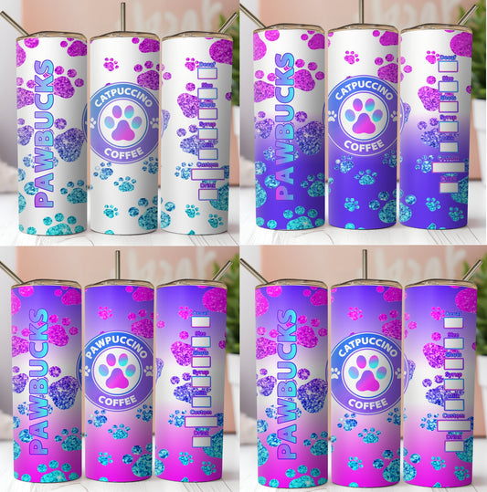 6 Animal Star Buck Sublimation Tumbler Wraps.Pawbucks Catpuccino and Pawpuccino. For Cat And Dog Lovers.Collage Glitter Paws,Gradient Pastel