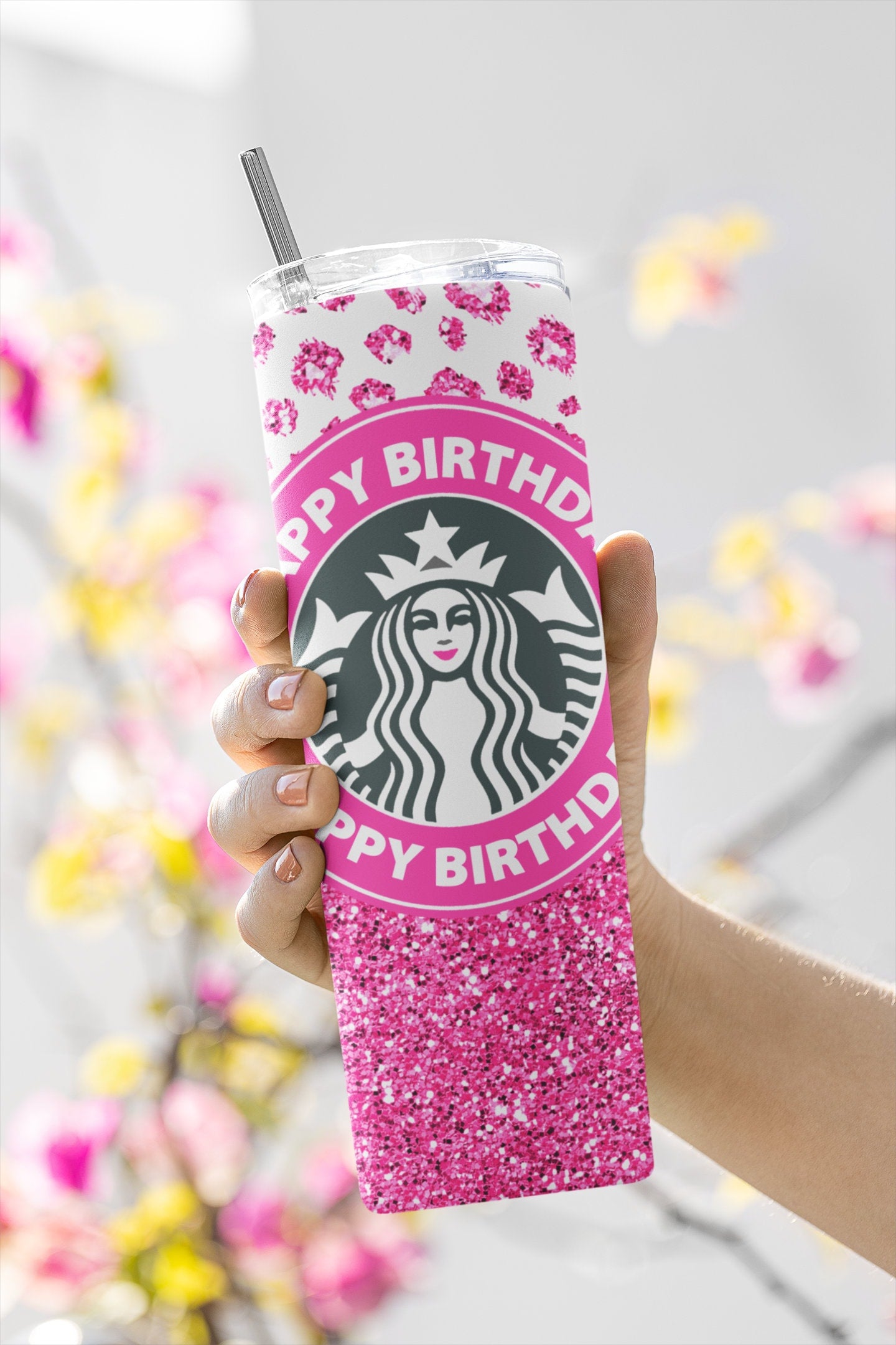 Happy Birthday Tumbler. Iconic Coffee Cup Inspired Sublimation Digital Design Wrap.   Pink Cheetah Design With Glitter