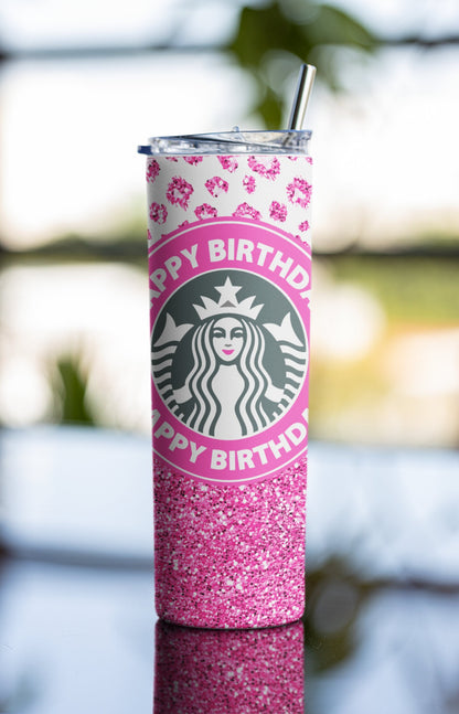 Happy Birthday Tumbler. Iconic Coffee Cup Inspired Sublimation Digital Design Wrap.   Pink Cheetah Design With Glitter