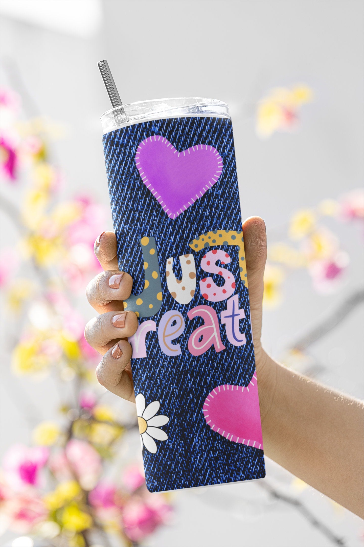 Boho Inspirational Feel Good Sublimation Tumbler Wrap.Jean With Quotes Just Breathe And Be Your Own... Beautiful.Hearts, Flowers Butterflies