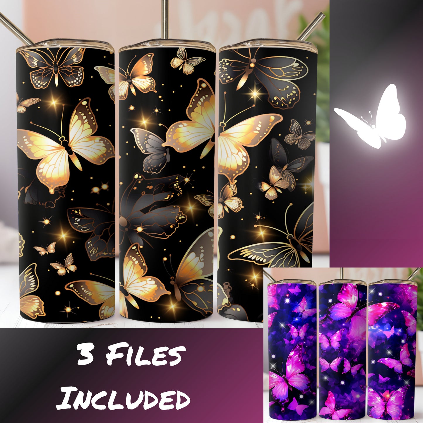 Illuminated Collage Of Butterflies And Stained Glass Dragonfly Images.  3 Seamless Sublimation Digital Download Files. Gold, Pink Purple.