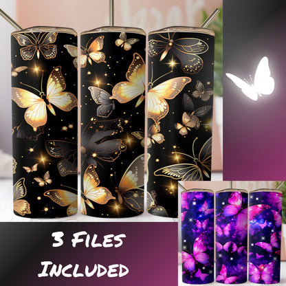 Illuminated Collage Of Butterflies And Stained Glass Dragonfly Images.  3 Seamless Sublimation Digital Download Files. Gold, Pink Purple.