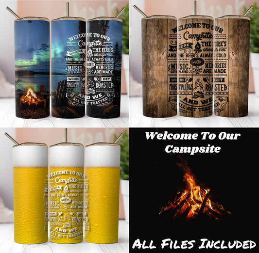 3 Campsite Rules Seamless Sublimation Tumbler Wraps.  Northern Lights, Wood And Beer Designs With Quote. For Summer and Spring