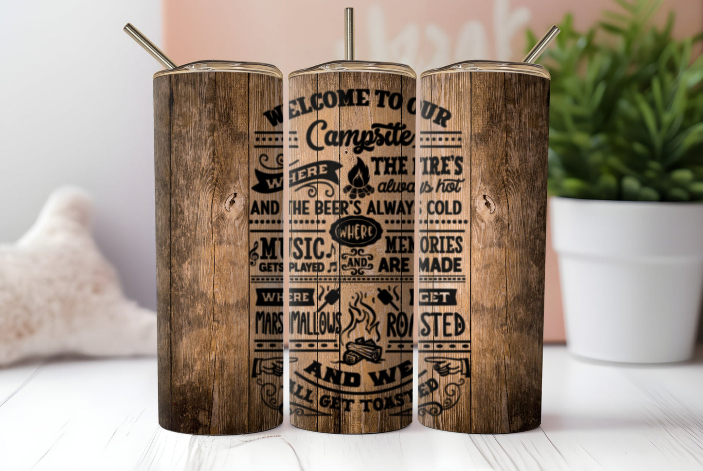 3 Campsite Rules Seamless Sublimation Tumbler Wraps.  Northern Lights, Wood And Beer Designs With Quote. For Summer and Spring