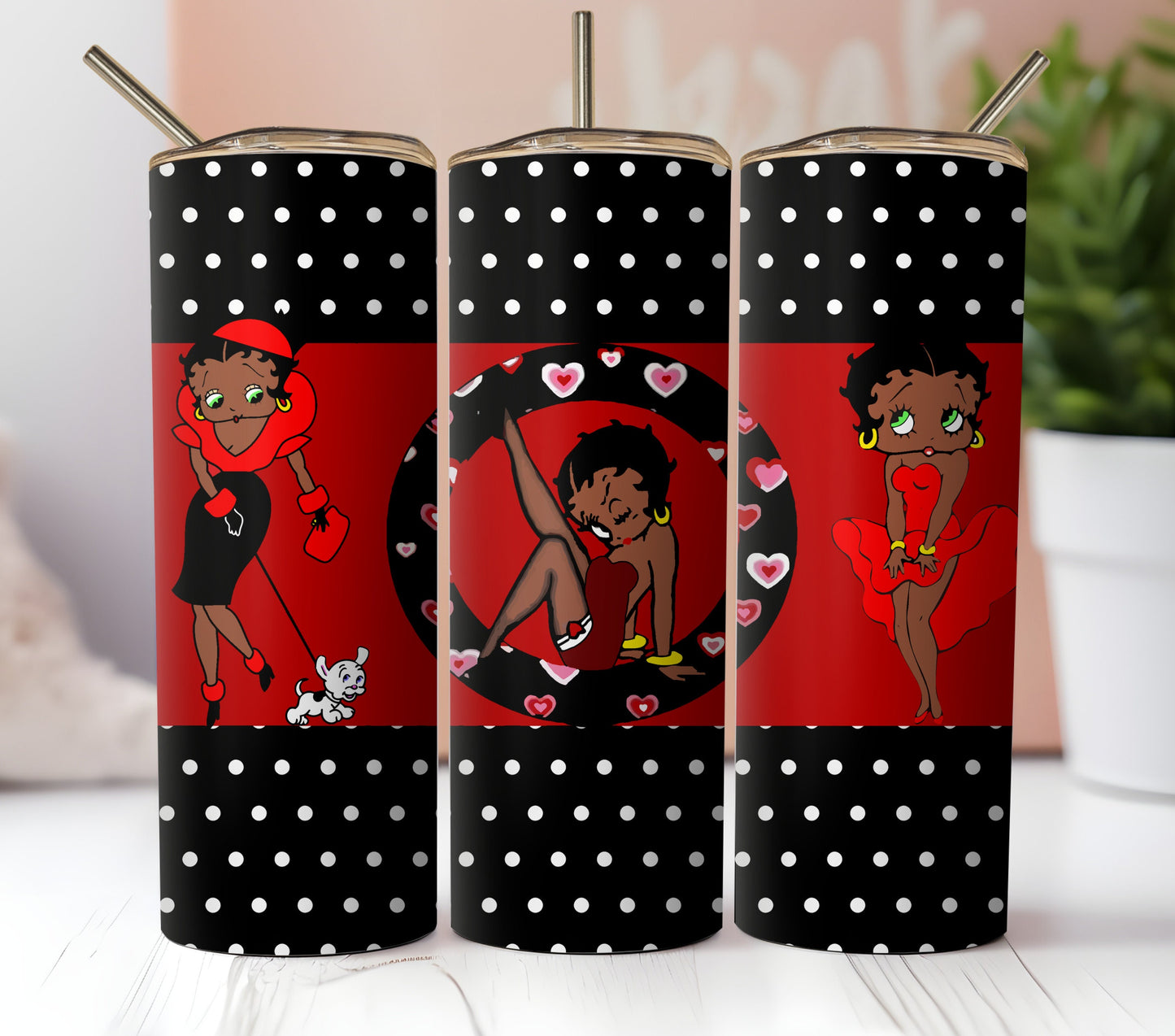 Black And White Betty Boop SublimationTumbler Wrap. Posing Like Marilyn In Red Dress With Dog. White And Black Polka Dots. Seamless Design