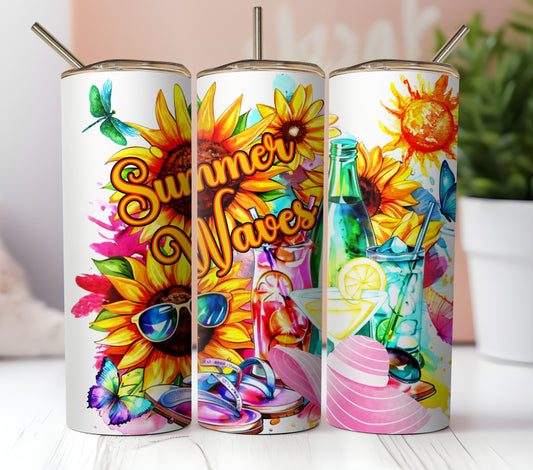 Summer Waves Seamless Digital Sublimation Tumbler Wrap. Watercolor Alcohol Ink Collage of Sunflowers, Sandals, Coctails, Sunglasses. Beach