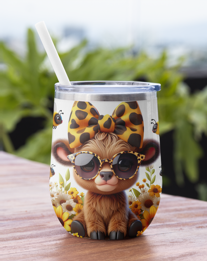 Baby Highland Cow Cartoon With Sunflowers and Bees Sublimation Tumbler Wrap. High Quality Instant Digital Download