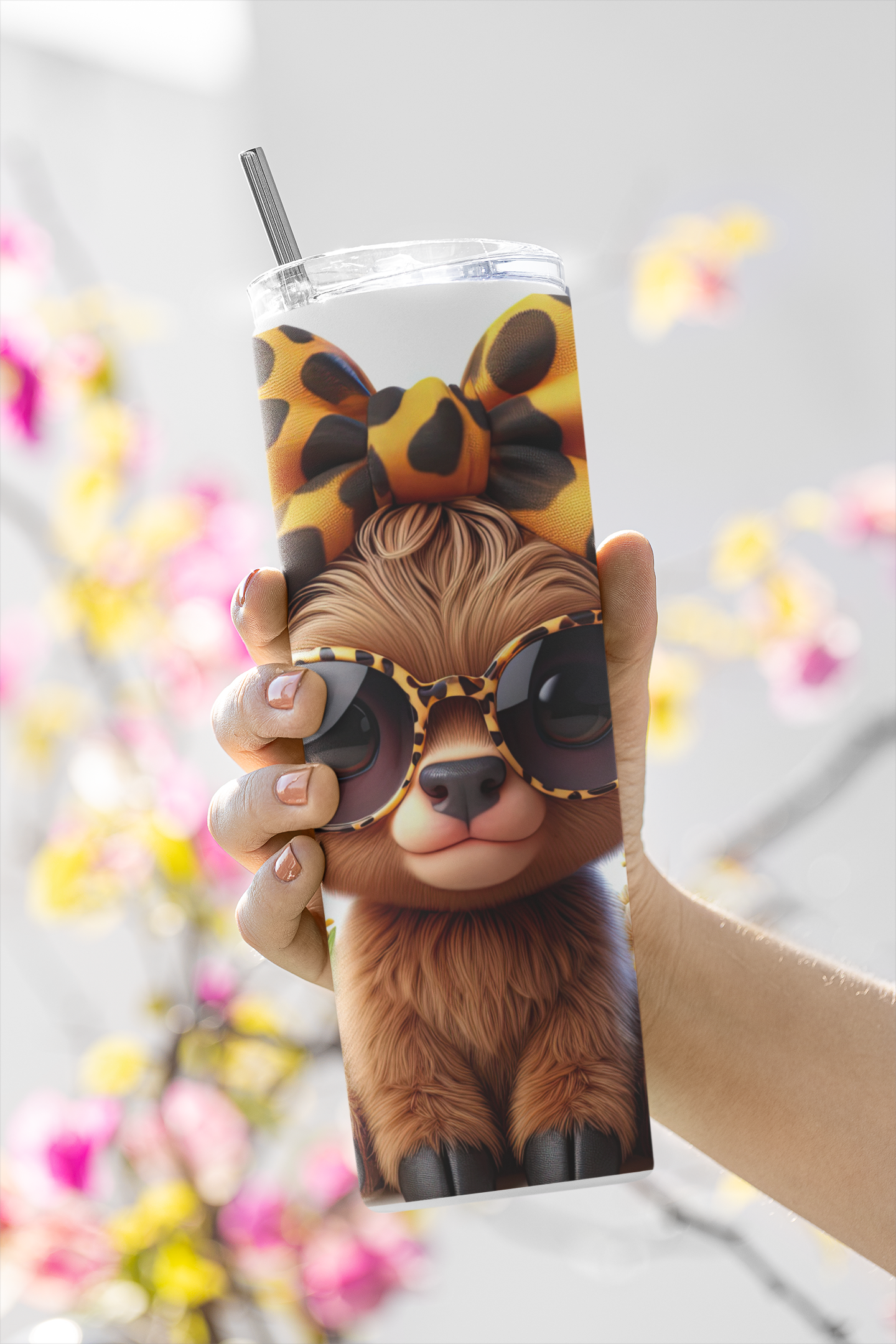 Baby Highland Cow Cartoon With Sunflowers and Bees Sublimation Tumbler Wrap. High Quality Instant Digital Download