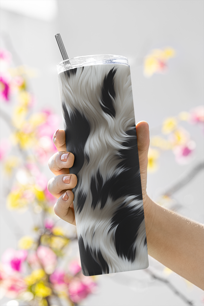 3D Cow Fur, Hide Print Sublimation Tumbler Wrap. Straight and Tapered Black and White Life Likel Looking Print