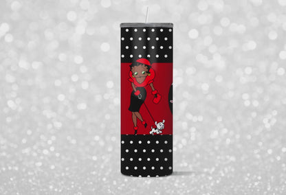 Black And White Betty Boop SublimationTumbler Wrap. Posing Like Marilyn In Red Dress With Dog. White And Black Polka Dots. Seamless Design