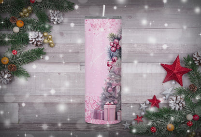 Pink Christmas Sublimaion Tumbler Wrap.  Snowman and Christmas Tree Holiday Instant Download