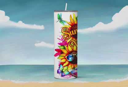 Summer Waves Seamless Digital Sublimation Tumbler Wrap. Watercolor Alcohol Ink Collage of Sunflowers, Sandals, Coctails, Sunglasses. Beach