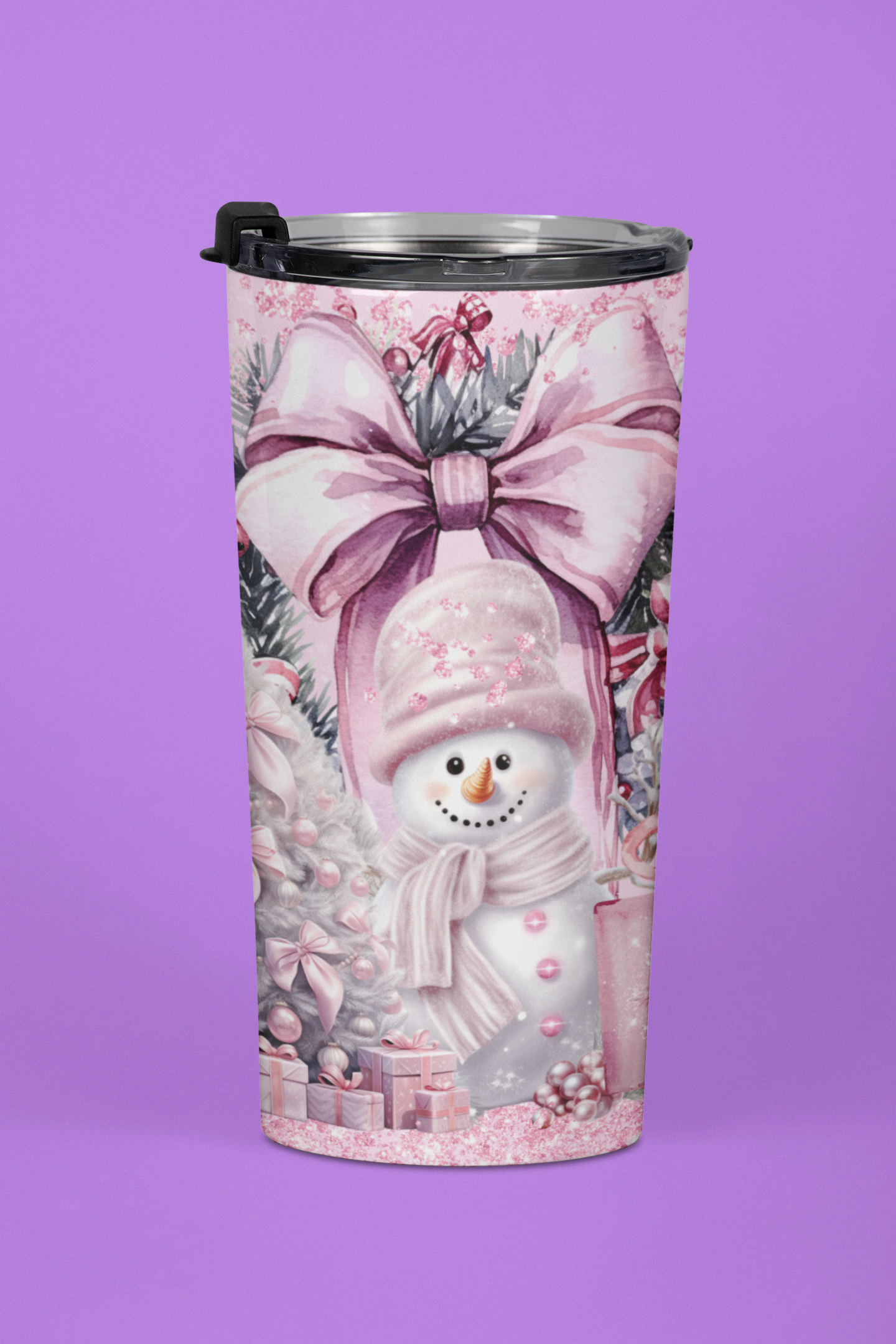 Pink Christmas Sublimaion Tumbler Wrap.  Snowman and Christmas Tree Holiday Instant Download